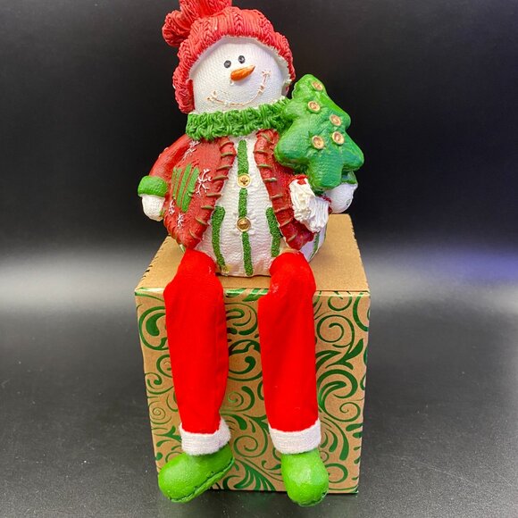 Christmas Snowman Figurine Shelf Sitter Red Sweater & Hat Green Scarf - Picture 1 of 11